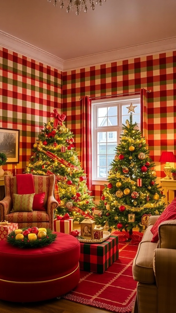A cozy room with Christmas checkered wallpaper in red and green, decorated for the holidays.